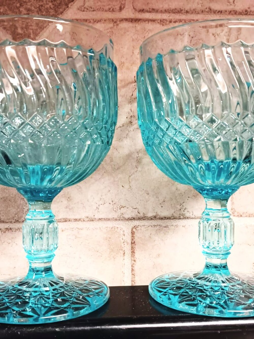 Vintage Fostoria aqua coin glass goblets, set of two. No fleabites or cloudiness